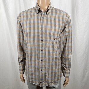 Nautica Men's Large Beige Gray Plaid Check Cotton Long Sleeve Button-Up Shirt